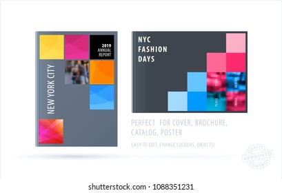 Brochure design square template. Colourful modern abstract set, annual report with pixels for branding.