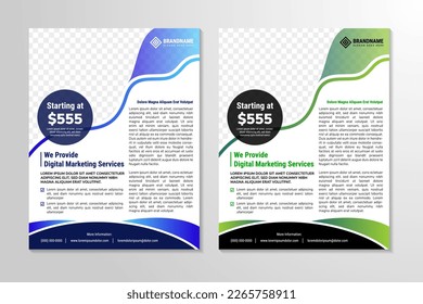 Brochure Design Template. Abstract Modern Backgrounds. green and blue gradient colors design. Vector illustration with space for photo and text. vertical layout, headline is digital marketing services