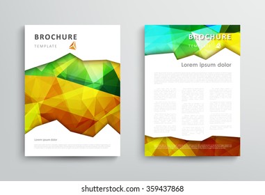 Brochure design template, abstract polygonal greene orange background