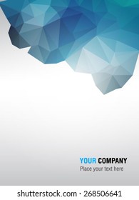 brochure design template with blue geometric background.