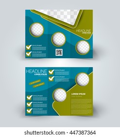 Brochure design template for business, education, advertisement. Trifold booklet vector illustration. Blue and green color.
