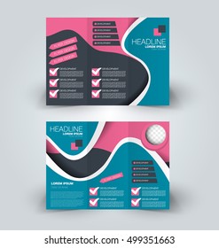 Brochure design template for business, education, advertisement. Trifold booklet vector illustration. Pink, blue and grey color.