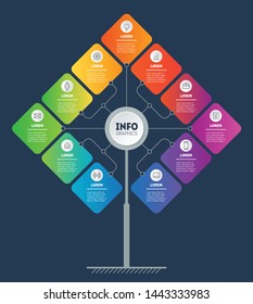 Brochure design template. Business presentation concept with 11 options. Template of tree, info chart or diagram. Infographic of technology or education process with eleven steps.