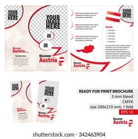 Brochure Design Template, Discover Austria. Ready for Print, 3 mm Bleed. Flayer, Leaflet, Booklet Template. Vector Illustration.
