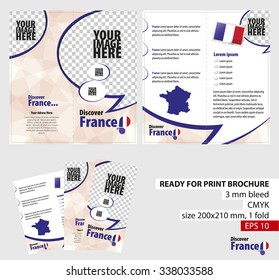 Brochure Design Template, Discover France. Ready for Print, 3 mm Bleed. Vector Illustration.
