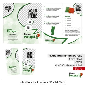 Brochure Design Template, Discover Portugal. Ready for Print, 3 mm Bleed. Flayer, Leaflet, Booklet Template. Vector Illustration.