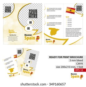Brochure Design Template, Discover Spain. Ready for Print, 3 mm Bleed. Flayer, Leaflet, Booklet Template. Vector Illustration.
