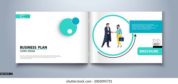 Brochure design template green, A4 format. Business information banner frame. Business people handshake and contract, businessman. Annual report. Cover, circles, flyers. Logo. Text, postcard. Quotes