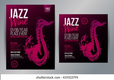 Brochure design template with hand drawing saxophone and wine stains. Music and wine concept. Vector