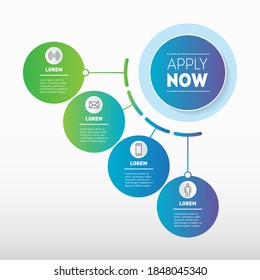 Brochure design template. Quarterly report. Business presentation concept with 4 options and button "Apply now". Template of diagram. Infographic of technological or education process with four steps.