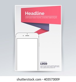 Brochure design template with smartphone for advertising. Creative leaflet, pamphlet, flyer cover for mockup. Vector graphic layout in a4 print size for promotion and events.