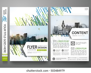 Brochure design template vector. Abstract blue cover book portfolio presentation. Flat green shape on poster. Flyers report business magazine. City concept in A4 layout.