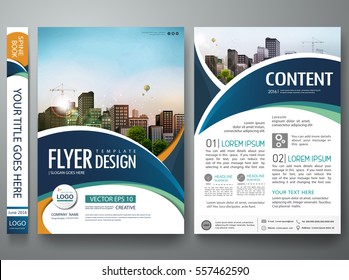 Brochure design template vector. Abstract circle cover book blue portfolio minimal presentation poster. City concept in A4 layout. Green flyers report business magazine.