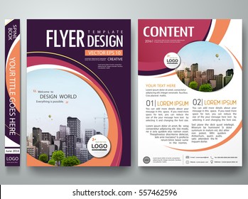 Brochure design template vector. Abstract circle cover book portfolio minimal orange presentation poster. City concept in A4 layout. Purple  flyers report business magazine.