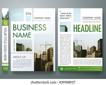 Brochure design template vector. Business flyers report magazine poster. City on a4 layout. Cover book portfolio presentation and abstract green shape.
