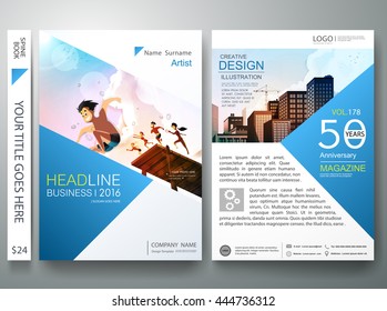 Brochure design template vector. Business flyers report magazine poster. Cover book portfolio summer presentation and blue triangle. City on A4 layout.