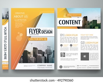 Brochure design template vector. City concept in A4 layout. Orange abstract hexagon in cover book minimal portfolio presentation poster. Flyers report business magazine.