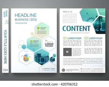 Brochure design template vector. Flyers annual report business magazine poster. Leaflet cover book portfolio presentation with abstract minimal blue hexagon and flat city. Layout in A4 size.