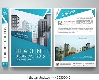 Brochure design template vector. Flyers report business magazine poster. Cover book portfolio leaflet or presentation with abstract blue shape and city. Layout in A4 size.