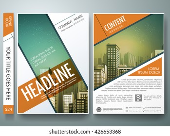 Vetor de modelo de design de folheto. Os folhetos relatam cartaz da revista de negócios. Capa folheto de carteira de livros ou apresentação com quadrado laranja abstrato e conceito de cidade em layout A4.