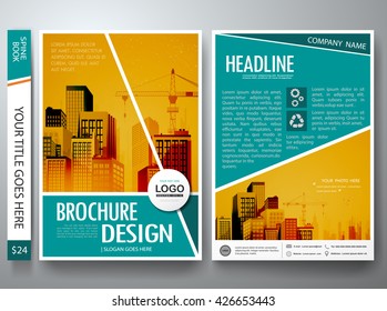 Brochure design template vector. Flyers report business magazine poster. Cover book portfolio leaflet or presentation with abstract green shape and city concept in A4 layout.