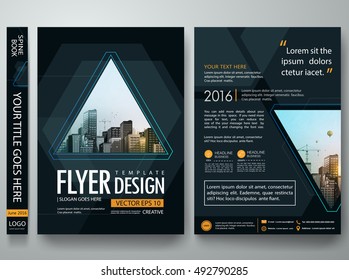 Brochure design template vector. Flyers report business magazine party night poster. Abstract blue hexagon cover book portfolio game presentation. Black triangle in a4 layout.