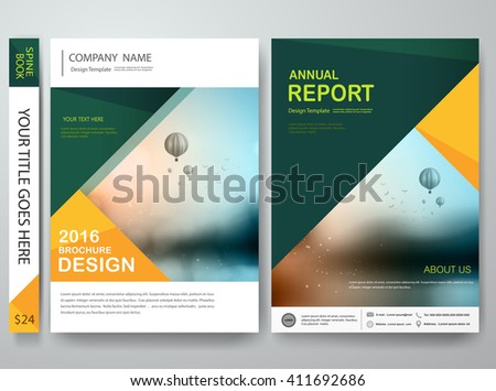 Brochure design template vector. Flyers annual report magazine poster. Leaflet cover book presentation with balloon and sky background. Layout in A4 size with abstract  green polygons. 