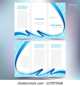 brochure design template vector folder leaflet ribbon element band wave color blue line white background