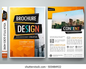 Brochure design template vector. Orange abstract geometric cover book portfolio presentation poster. City concept in A4 layout. Flyers report business magazine.