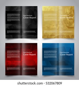 Brochure design templates set with abstract geometric triangular background. Black, gold, red, blue colors. Vector brochure mockup EPS10