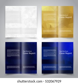 Brochure design templates set with abstract geometric triangular background. White, gold, blue colors. Vector brochure mockup EPS10