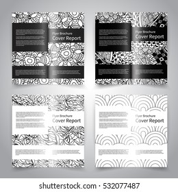Brochure design templates set with abstract hand drawn floral and geometric background. White and black doodles. Vector brochure mockup EPS10