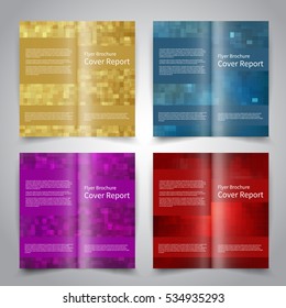 Brochure design templates set with abstract geometric background. Gold, red, blue, purple colors. Vector brochure mockup EPS10