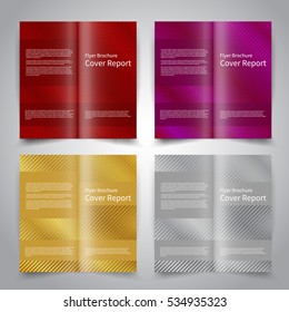 Brochure design templates set with abstract festive background with stripes. Red, purple, gold, silver colors. Vector brochure mockup EPS10