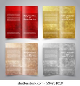 Brochure design templates set with abstract background with snowflakes and bokeh lights. Red, gold, bronze, silver colors. Merry Christmas and Happy New Year vector brochure mockup EPS10