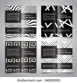 Brochure design templates set with abstract geometric ornament pattern background. Black and white monochrome colors. Vector brochure mockup EPS10