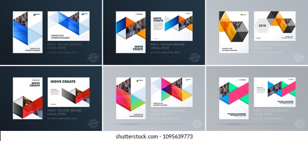 Brochure design triangles template. Colourful modern abstract set, annual report with triangles for branding.