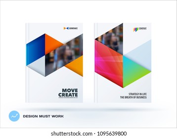 Brochure design triangles template. Colourful modern abstract set, annual report with triangles for branding.