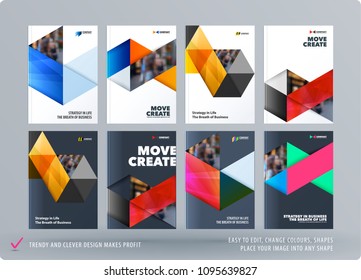 Brochure design triangles template. Colourful modern abstract set, annual report with triangles for branding.