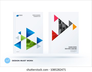 Brochure design triangular template. Colourful modern abstract set, annual report with triangles for branding.