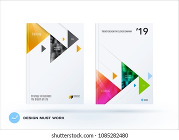 Brochure design triangular template. Colourful modern abstract set, annual report with triangles for branding.