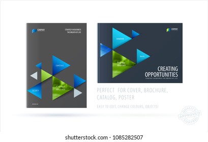 Brochure design triangular template. Colourful modern abstract set, annual report with triangles for branding.