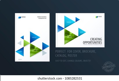 Brochure design triangular template. Colourful modern abstract set, annual report with triangles for branding.