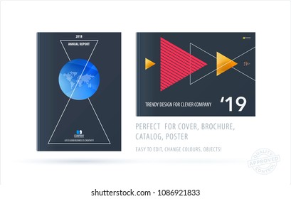 Brochure design triangular template. Colourful modern abstract set, annual report with triangles for branding.