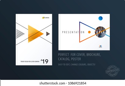 Brochure design triangular template. Colourful modern abstract set, annual report with triangles for branding.
