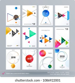 Brochure design triangular template. Colourful modern abstract set, annual report with triangles for branding.