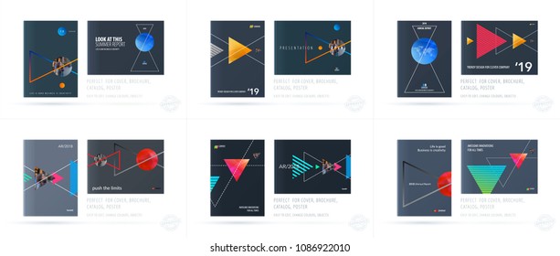 Brochure design triangular template. Colourful modern abstract set, annual report with triangles for branding.
