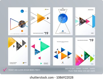 Brochure design triangular template. Colourful modern abstract set, annual report with triangles for branding.