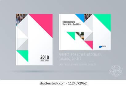 Brochure design triangular template. Colourful modern abstract set, annual report with shapes for branding.