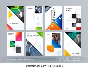 Brochure design triangular template. Colourful modern abstract set, annual report with shapes for branding.